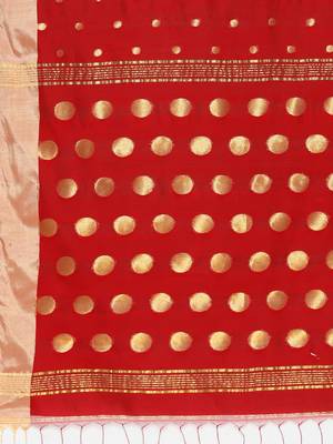 Red woven blended cotton saree with blouse 3