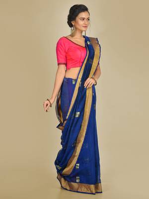 Blue woven silk blend saree with blouse 2