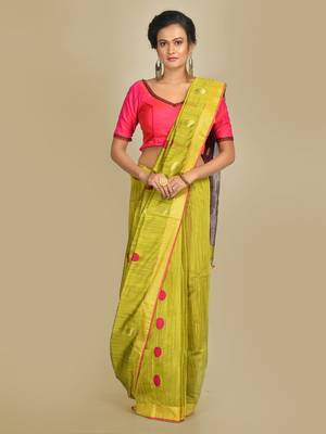 Green woven silk cotton saree with blouse 1