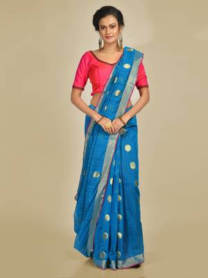 Blue woven silk cotton saree with blouse 1