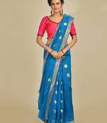 Blue woven silk cotton saree with blouse