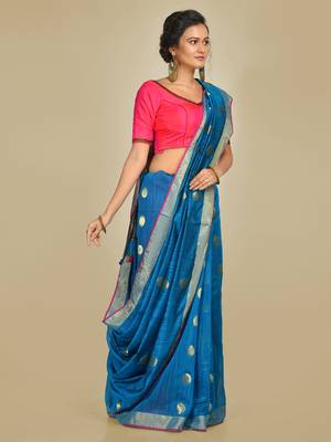 Blue woven silk cotton saree with blouse 2