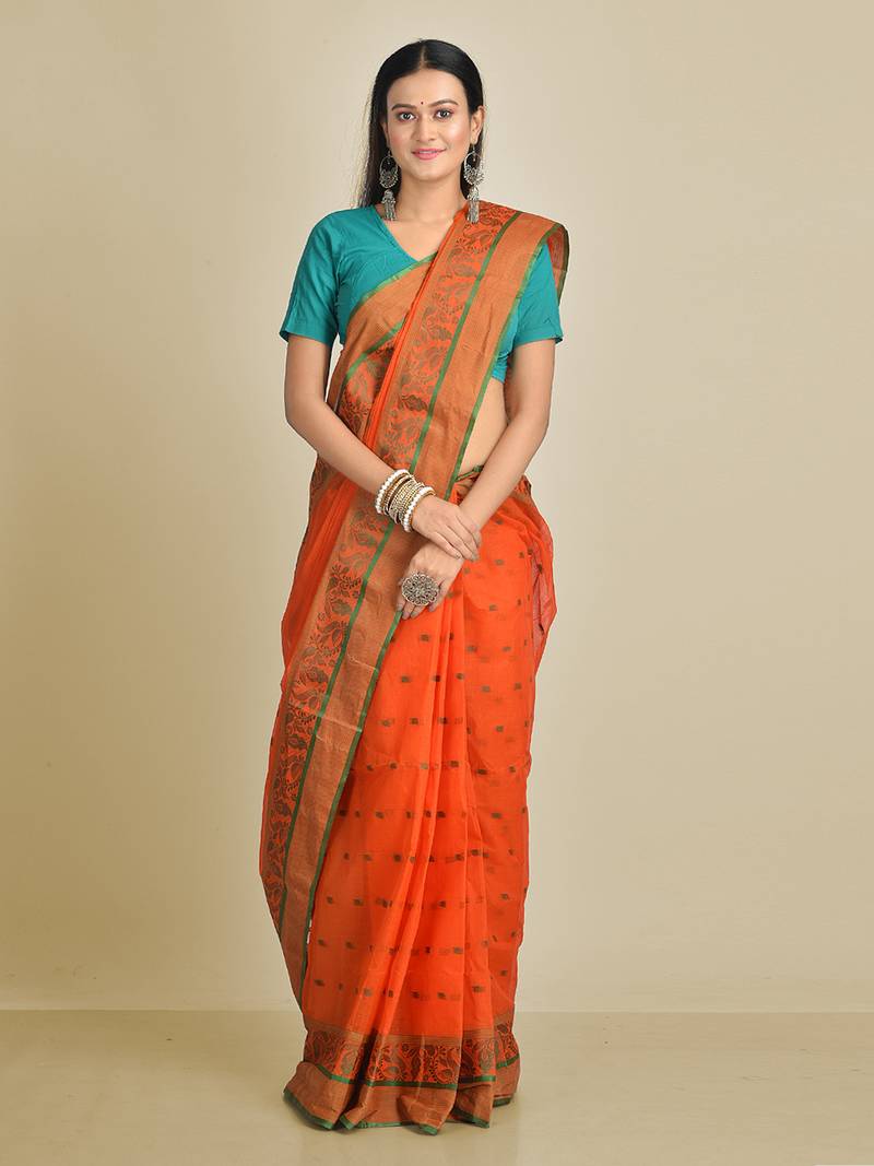 Orange woven pure cotton saree 