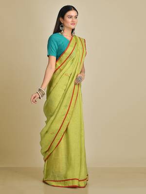 Green woven linen saree with blouse 2