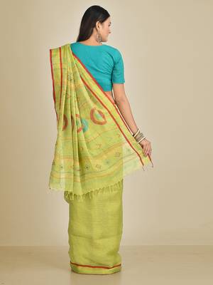 Green woven linen saree with blouse 3