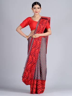 Grey Woven Silk Cotton Saree Without Blouse 1