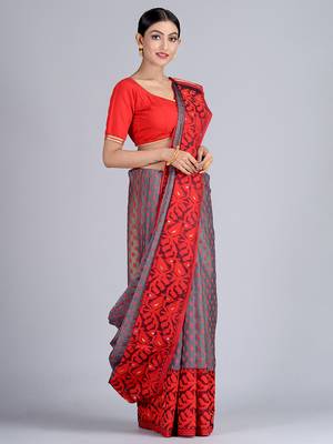 Grey Woven Silk Cotton Saree Without Blouse 2