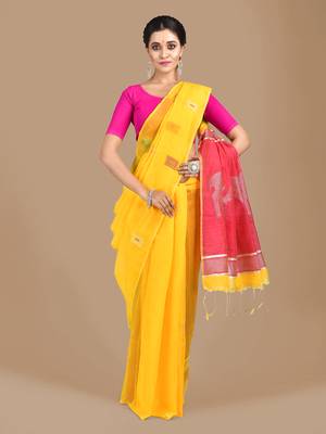 Yellow woven blended cotton saree with blouse 1