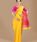 Yellow woven blended cotton saree with blouse