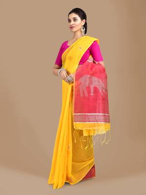Yellow woven blended cotton saree with blouse 2