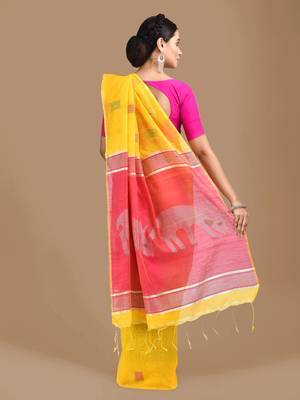 Yellow woven blended cotton saree with blouse 3