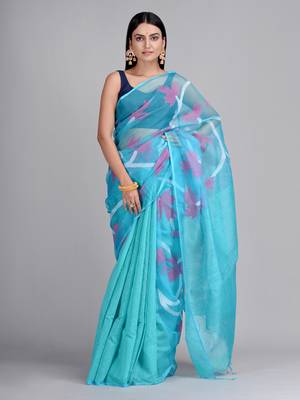 Blue woven silk blend saree with blouse 1