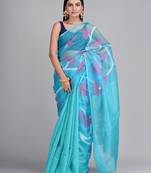 Blue woven silk blend saree with blouse