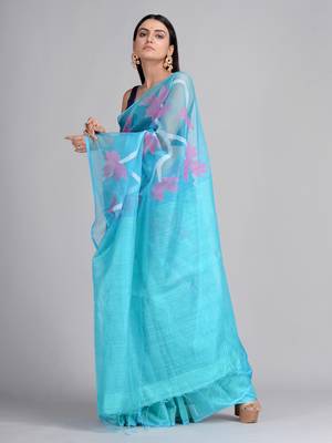 Blue woven silk blend saree with blouse 2