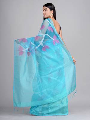 Blue woven silk blend saree with blouse 3