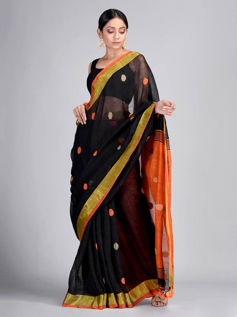 Black woven linen saree with blouse