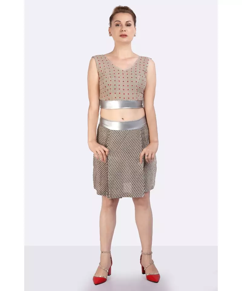 BROWN SKIRT & CROP TOP OF HANDLOOM JUTE FABRIC. 