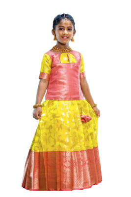 Shivangi Girls Peach Peace Lilly Pattu Pattupavadai 1
