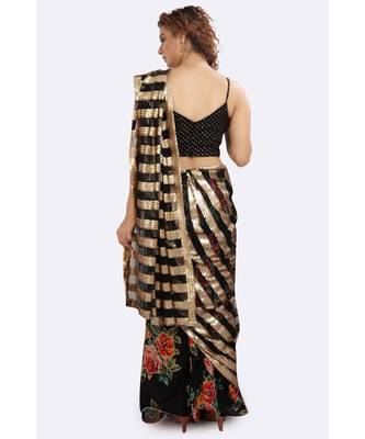 Black Floral Pleated Skirt With Pico, Black Net Dupatta With, Floral Unstitched Blouse Piece 2