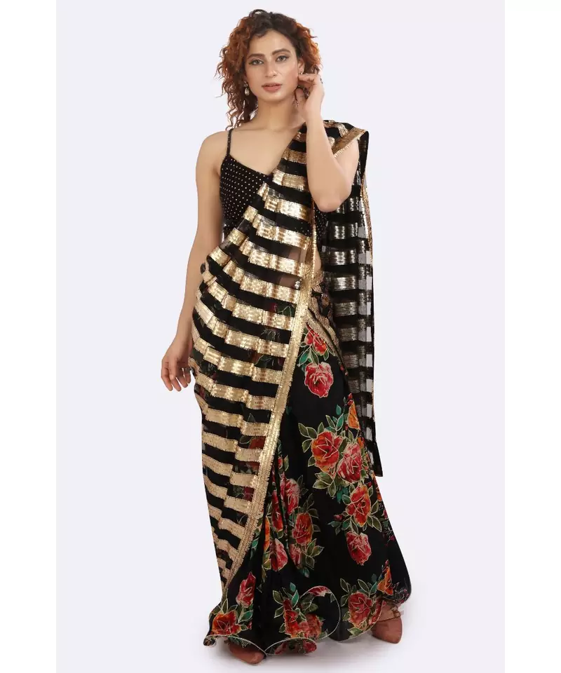BLACK FLORAL PLEATED SKIRT WITH PICO, BLACK NET DUPATTA WITH, FLORAL UNSTITCHED BLOUSE PIECE