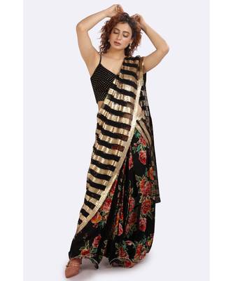Black Floral Pleated Skirt With Pico, Black Net Dupatta With, Floral Unstitched Blouse Piece 3