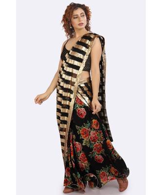 Black Floral Pleated Skirt With Pico, Black Net Dupatta With, Floral Unstitched Blouse Piece 4