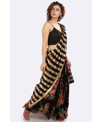 Black Floral Pleated Skirt With Pico, Black Net Dupatta With, Floral Unstitched Blouse Piece 5