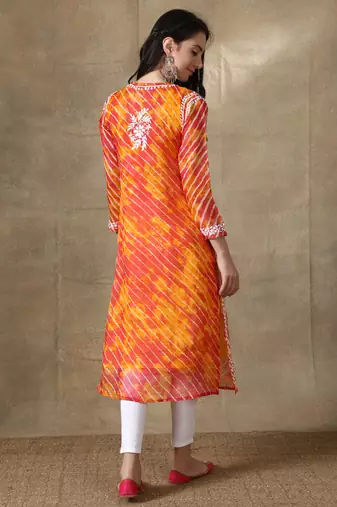 Hand Embroidered Orange Kota Lucknowi Chikankari Kurti With Slip