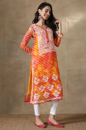 Hand Embroidered Orange Kota Lucknowi Chikankari Kurti With Slip