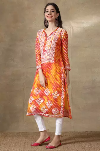 Hand Embroidered Orange Kota Lucknowi Chikankari Kurti With Slip