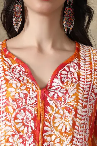 Hand Embroidered Orange Kota Lucknowi Chikankari Kurti With Slip
