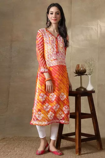 Hand Embroidered Orange Kota Lucknowi Chikankari Kurti With Slip