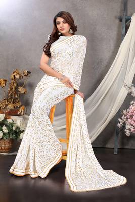 White woven lycra saree with blouse 1