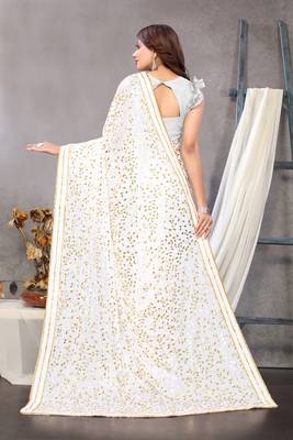 White woven lycra saree with blouse 3