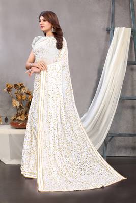 White woven lycra saree with blouse 4