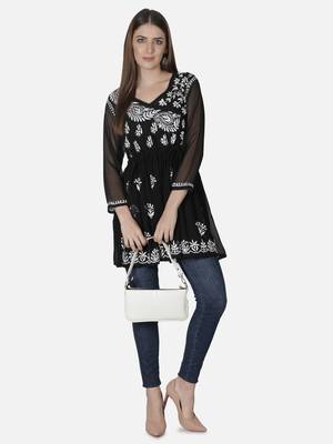 Hand Embroidered Black Faux Georgette Chikankari Top With Slip 6