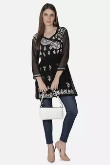 Hand Embroidered Black Faux Georgette Chikankari Top With Slip