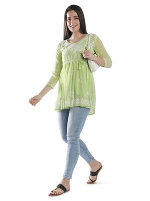Hand Embroidered Green Faux Georgette Chikankari Top With Slip 6