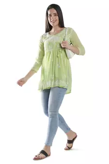 Hand Embroidered Green Faux Georgette Chikankari Top With Slip