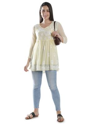 Seva Chikan Hand Embroidered Beige Faux Georgette Chikankari Top With Slip 6