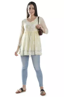 Seva Chikan Hand Embroidered Beige Faux Georgette Chikankari Top With Slip