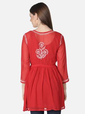 Hand Embroidered Red Faux Georgette Chikankari Top With Slip 2