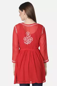 Hand Embroidered Red Faux Georgette Chikankari Top With Slip