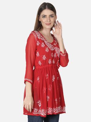 Hand Embroidered Red Faux Georgette Chikankari Top With Slip 3