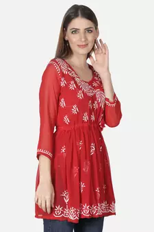 Hand Embroidered Red Faux Georgette Chikankari Top With Slip