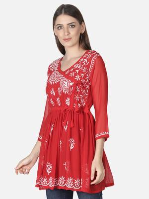 Hand Embroidered Red Faux Georgette Chikankari Top With Slip 4