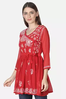 Hand Embroidered Red Faux Georgette Chikankari Top With Slip