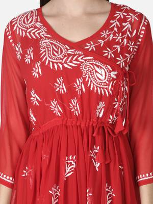 Hand Embroidered Red Faux Georgette Chikankari Top With Slip 5