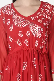 Hand Embroidered Red Faux Georgette Chikankari Top With Slip