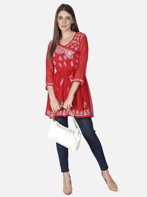 Hand Embroidered Red Faux Georgette Chikankari Top With Slip 6